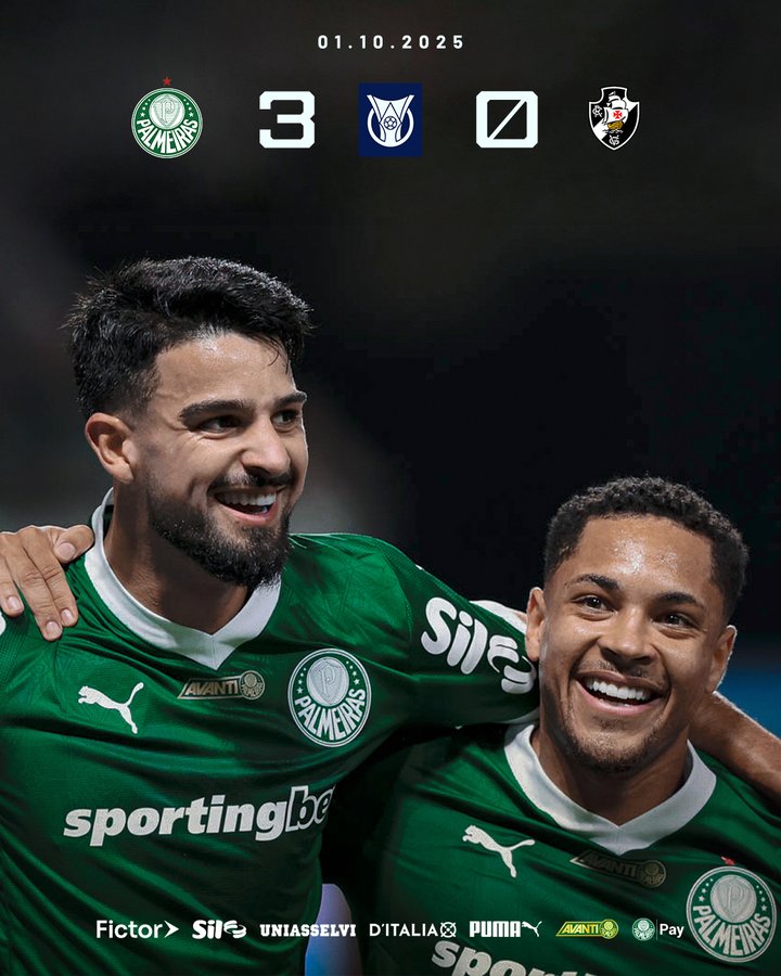 Brasileirão 2025: Palmeiras goleia Vasco por 3 a 0 e assume a vice-liderança