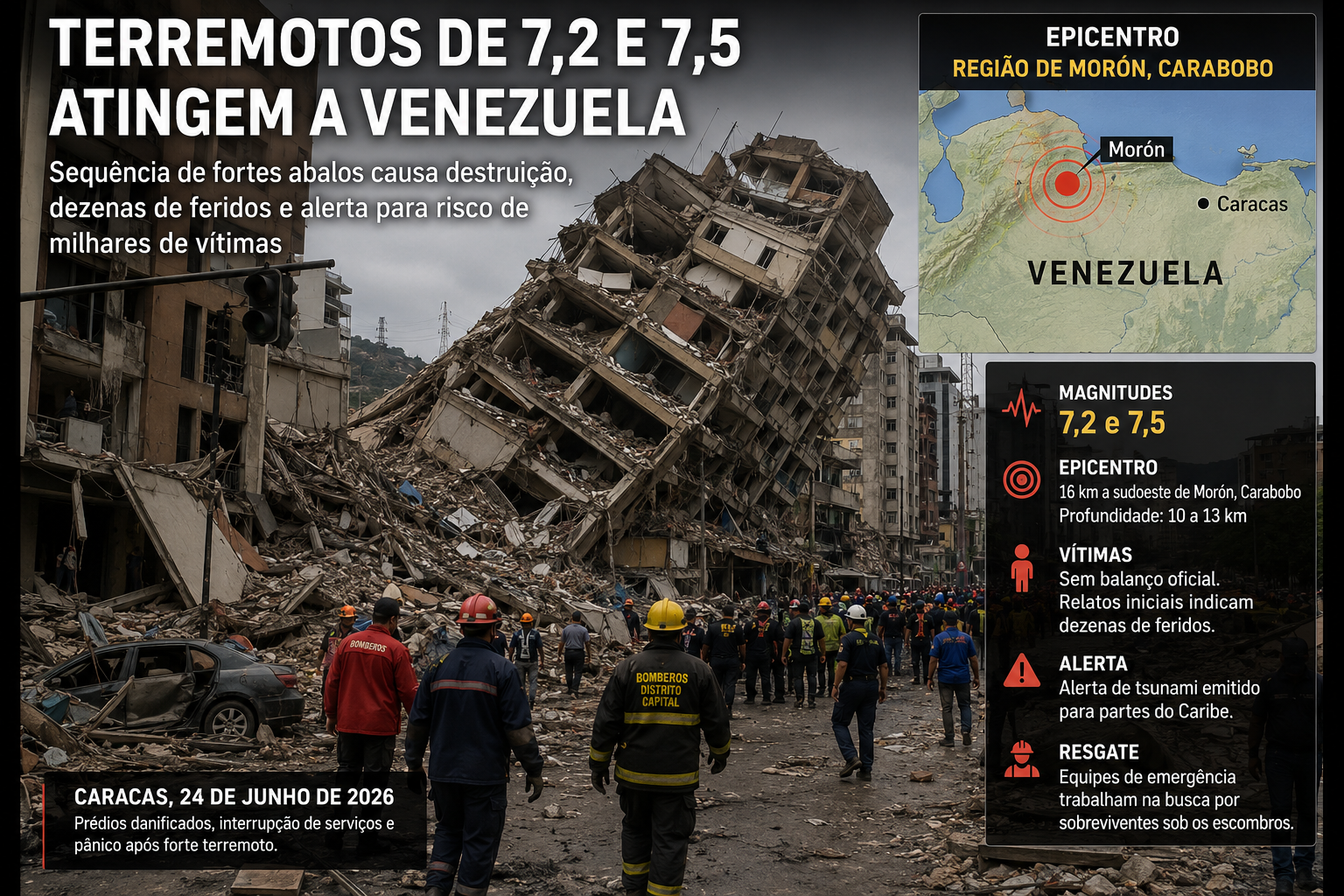 Terremotos de 7,2 e 7,5 atingem a Venezuela e alerta aponta risco de milhares de vítimas